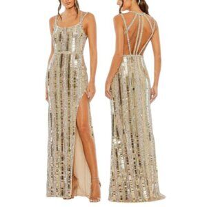 Mac Duggal Sz 10 Gold Sequin Cut Out Back Evening Formal Gown Maxi Dress NWT